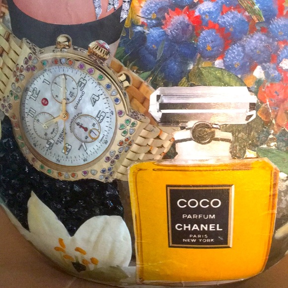 HAND CRAFTED Chanel Vase Decoupage Colorful Vintage Decor Floral Art - Picture 5 of 10